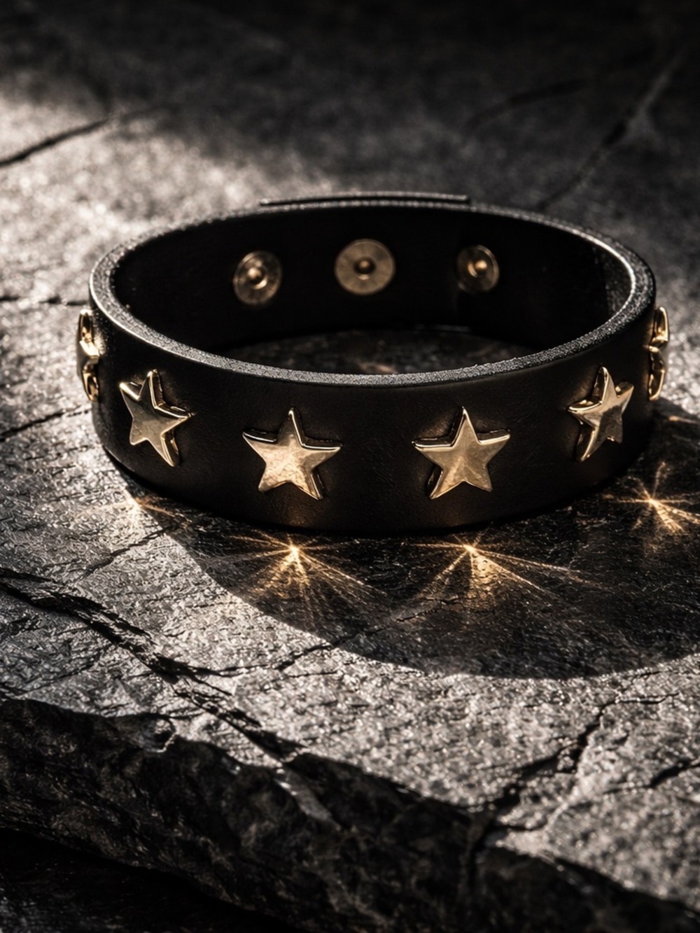 Rockstar Men's Black Leather Bracelet with Silver Star Studs